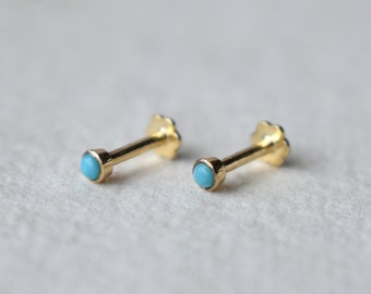 2mm 3mm Natural Turquoise Stud in 14K Gold, 16g 18g 20g Piercing Jewelry, Nose Lobe Cartilage Lip Flat Helix Tragus, December Birthstone