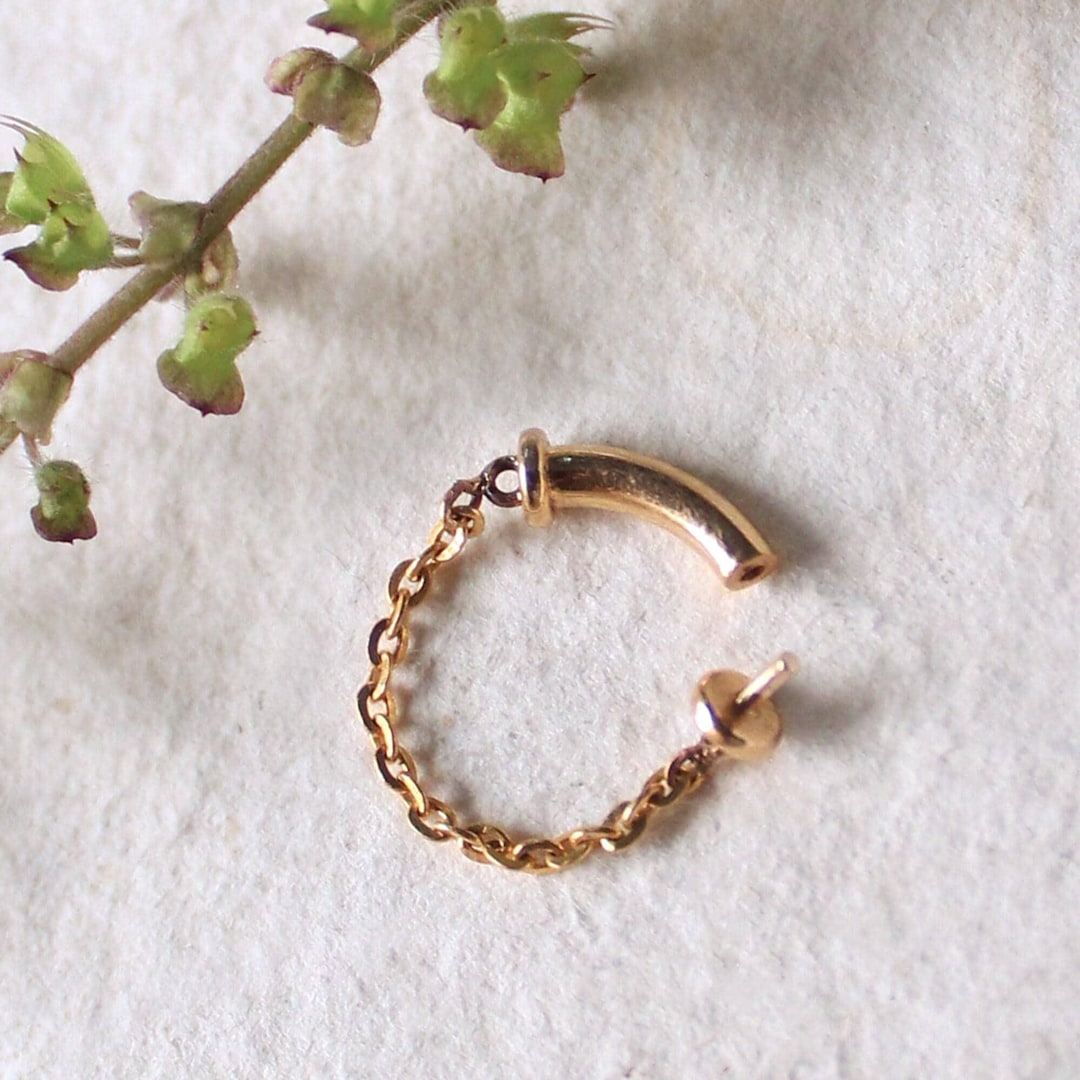 Threadless Bar Hoop 18k Solid Gold Chain Septum Ring, 12g 14g 16g Threadless Push Curved ...