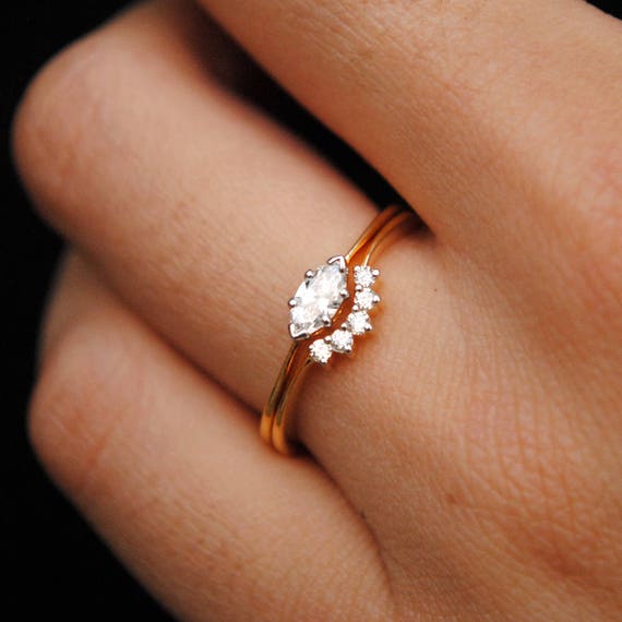 East west Marquise Diamond Engagement Ring With Curved Diamond Wedding Band SET in Solid 14k Gold Etsy Canada