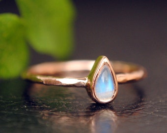 Bezel Pear Moonstone Ring in 14K Solid Gold, Smooth and Hammered Alternate Engagement Ring, Dainty Hammered Band Ring