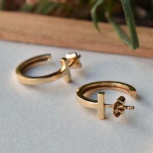 14mm Solid Gold Chunky T Hoops, 14k 18k Yellow White Rose Gold Everyday Statement Earrings, PAIR for Women Earlobe Piercing, Pushback