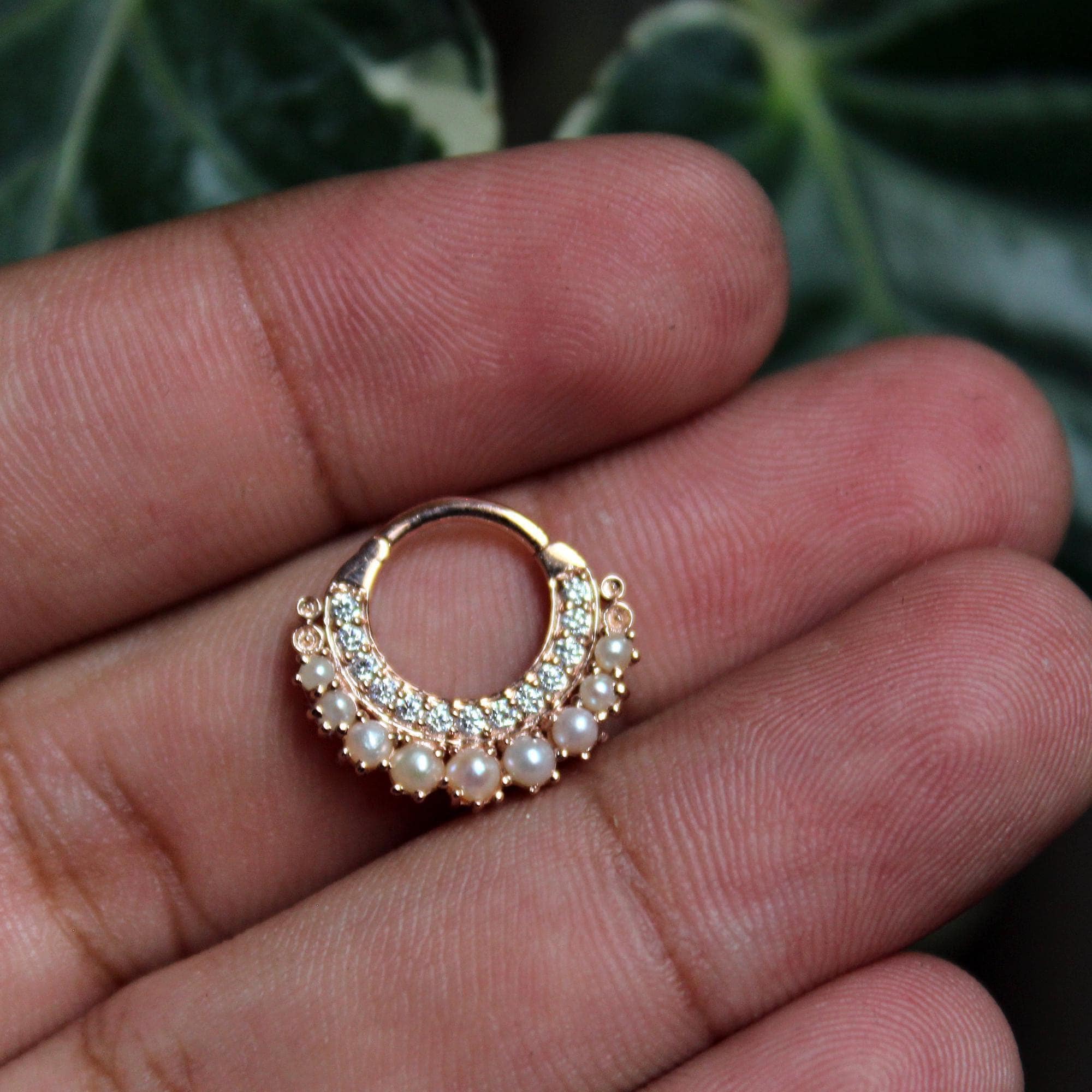 Natural Diamond & Pearl Clicker, 14K 18k Solid Gold Septum Daith