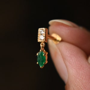 Natural Green Emerald Dangle with Diamond Bar, 14k 18k Solid Gold Small Danging Earring, Tragus Forward Helix Threaded Flatback 16g Piercing image 6