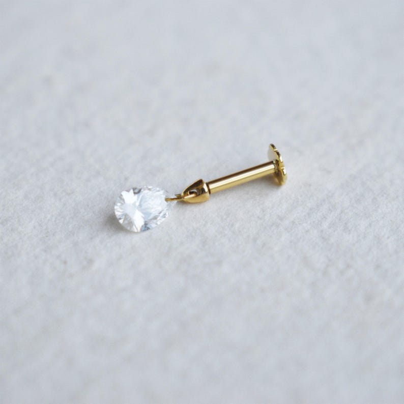 Floating Pear Natural Diamond Stud, 14k/18k Solid Gold Hidden Helix Piercing Jewelry Unique Ear Set Up image 4