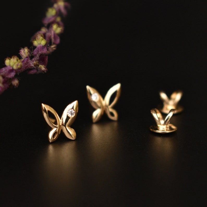 14k Solid Gold Butterfly Earrings with Flush Set Natural Etsy