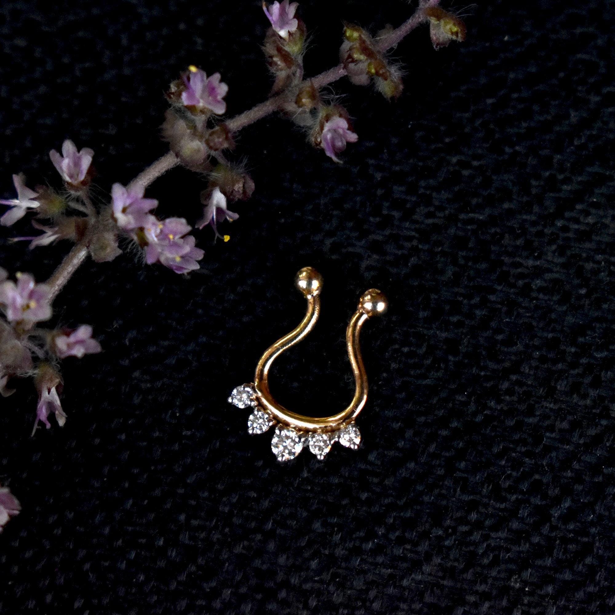 22k Solid Gold CLIP ON SEPTUM Ring, Natural Diamond Fake Septum, Faux ...