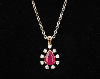 Pear Shaped Ruby Pendant with Diamond halo, Everyday Ruby and Diamond Pendant in 14K Solid Gold