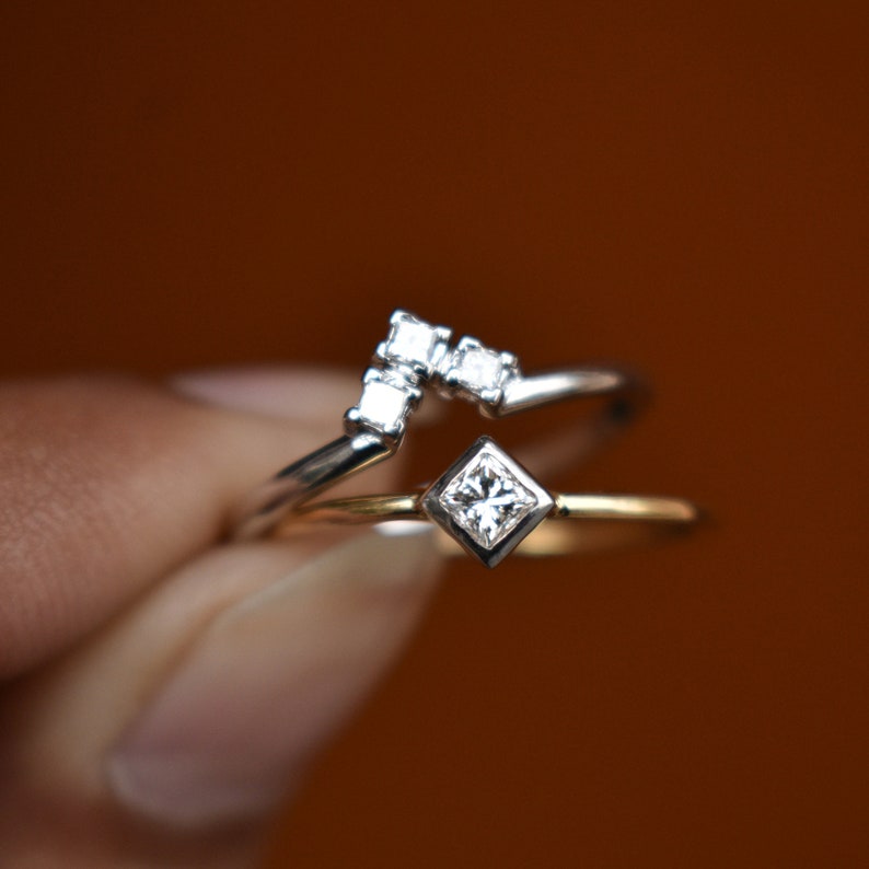 Princess Diamond Wedding Ring Set, 2pc Bridal Ring Set, 2 Tone 14k 18k Solid Gold Engagement Rings, Art Deco Geometric Stack Rings image 8