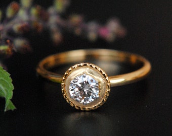 READY TO SHOP 0.30 Ct Natural Diamond Engagement Ring, 14k Solid Yellow Gold Solitaire Ring, Diamond Ring with Gold Border, Unique Proposal