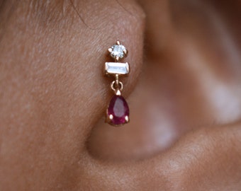 Natural Diamonds & Ruby Tiny Dangle Earring, 14k 18k Solid Gold Piercing Jewelry, Tragus Flat Conch Forward Helix Flatback Stud 16g