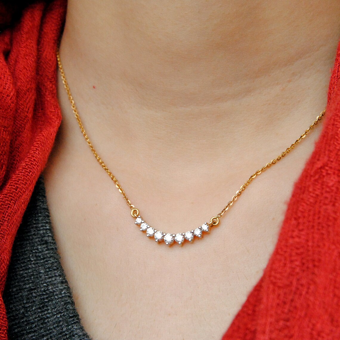 Curved Diamond Bar Necklace 14k Solid Gold Dainty Chain Etsy