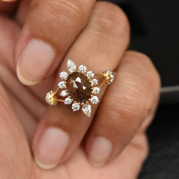 Buy Dark Chocolate Brown Oval Rose Cut Diamond Ring With Pear and