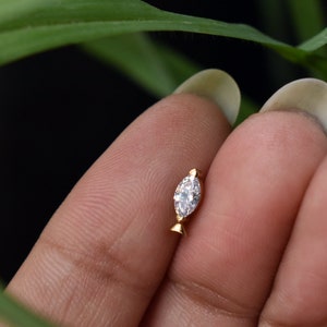Cute Diamond Fish Ear Stud for Tragus Conch, 14k 18k Solid Gold and Marquise Natural Diamond Pin, Piercing Jewelry, 16g Flatback Earring