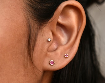2mm 3mm Natural Ruby Bezel Set Stud in 14K Solid Gold, 16g Piercing Nose, Ear, Cartilage, Helix, Tragus Earring, Flatback Pin DDP