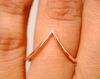 Deep V Ring, 14K Solid Gold 1mm Skinny Simple Dainty Chevron Stack Wedding Ring