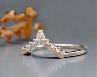 Stackable Diamond V Ring, Pear & Round Cut (14K Gold Chevron Band), Bridal Tiara Stack Ring