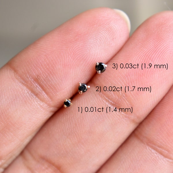 2mm 3mm Natural Black Diamond Martini Setting in 14K Solid Gold, Externally Threaded Flatback Stud for Ear Nose & Body Piercing
