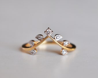 Natürliche Diamant Chevron Blatt Ring, Braut 14K 18k Solid Gold Ehering, Stapeln Meilenstein Band, Push-Geschenk für neue Mutter, Natur Ring