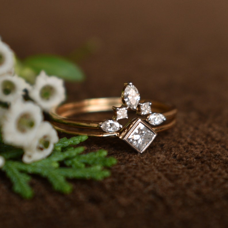 Princess Diamond Wedding Ring Set, 14k Solid Gold Bridal Engagement Ring Set, Marquise Diamond Chevron V Wedding Band, Diamond Set image 10