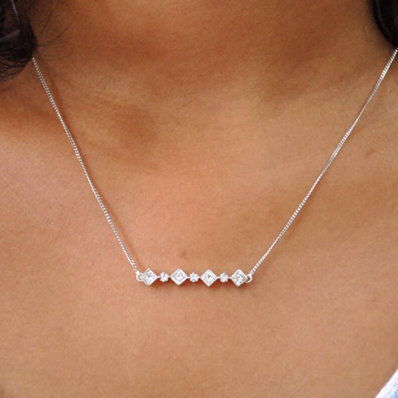 Diamond Bar Necklace in 14K Gold Princess Cut Natural Diamond Etsy