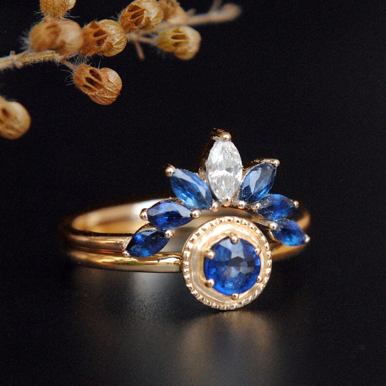 Blue Sapphire Engagement Ring with Sapphire and Diamond Curved Bridal Stack Ring Set image 7