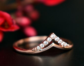Double Chevron Diamond V Ring, 14K 18K Solid Gold Stackable Natural Diamond Twin V Shaped Band, Custom Fit Bridal Wedding Band