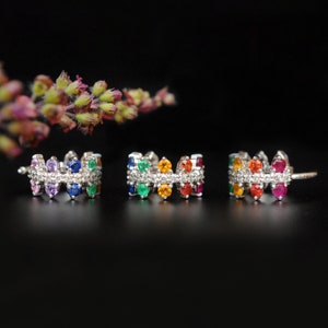 8mm Multicolored Natural Gemstone Clicker, 14k 18k Solid Gold Rainbow Pride Earring, Hinged Hoop for Cartilage Helix Nose, Piercing Jewelry