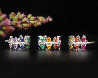 8mm Multicolored Natural Gemstone Clicker, 14k 18k Solid Gold Rainbow Pride Earring, Hinged Hoop for Cartilage Helix Nose, Piercing Jewelry