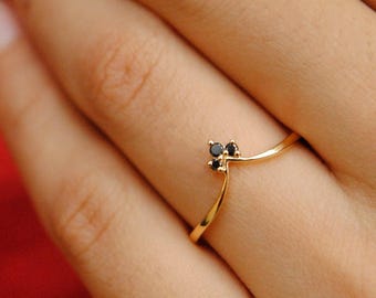 Solid 14k 18k Gold V Ring, Natural Black Diamond Crown Wedding Band
