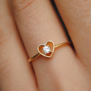 Dainty Heart Diamond Ring in 14K Solid Gold, Heart Shaped Engagement Ring with Diamond