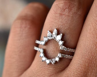 Natural Diamond Ring Guard Enhancer for Oval Engagement Ring, 14K 18K Solid Gold Marquise Pear Round Diamond Halo Ring Wrap, Anniversary DDP