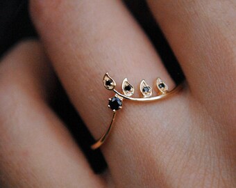14K 18K Solid Gold and Black Diamond Leaf Stack Ring, Chevron Leaf Vine Bridal Stacking Band, Custom Fit Wedding Band DDP