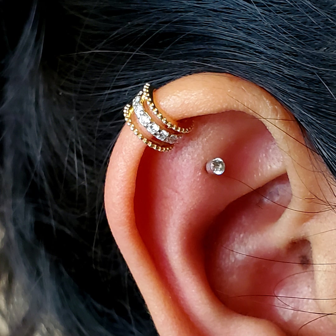 Midi Ear Triline Natural Diamond Ear Cuff,14k 18k Solid Gold Cartilage Helix ...