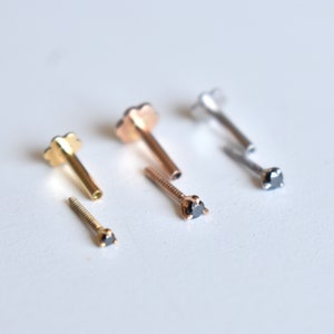 2mm 3mm Natural Black Diamond Martini Setting in 14K Solid Gold, Externally Threaded Flatback Stud for Ear Nose & Body Piercing image 7