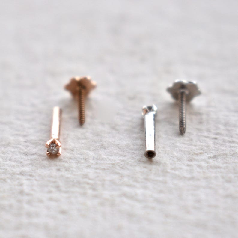14k massivt guld och naturlig diamant Labret-örhänge, invändigt gängad platt näsa, piercingsmycken bild 5