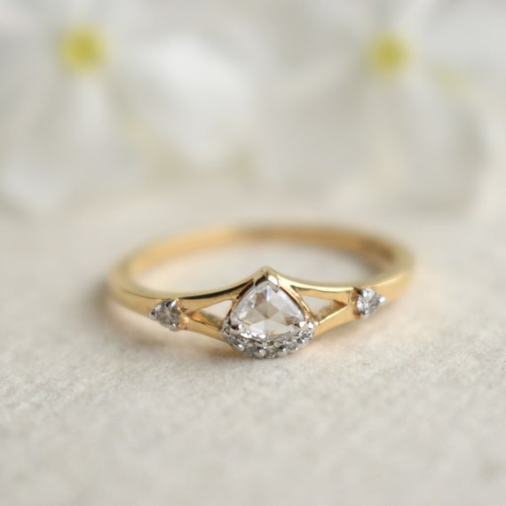 Pear Rose Cut Natural Diamond Engagement Ring, 14k Solid