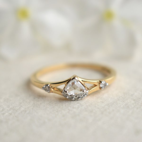 Pear Rose Cut Natural Diamond Engagement Ring, 14k Solid Yellow Gold Alternative Bridal Illusion Ring, Unique Proposal Ring
