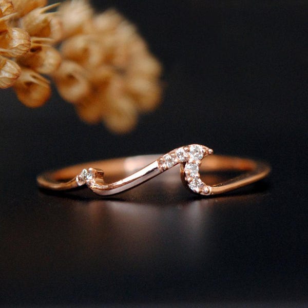 14K 18K Solid Gold Diamond Wave Ring, Ocean Surfer Band, Dainty Two Wave Surf Proposal Band