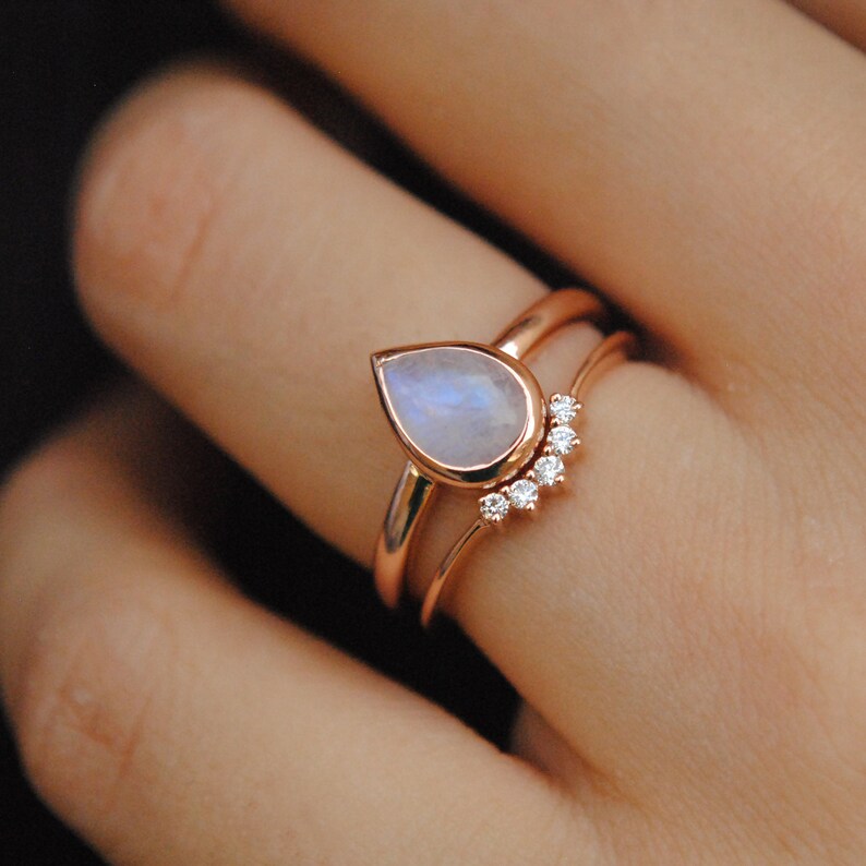Rainbow Moonstone and Diamond Wedding Ring Set 14K Rose Gold | Etsy