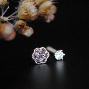 14k Gold Diamond Amethyst Double Sided Ear Stud, Amethyst Flower 16g Flatback, Double Ended Piercing Jewelry for Lobe Cartilage Conch Tragus