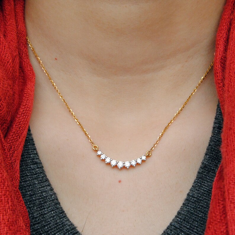 Curved Diamond Bar Necklace 14k Solid Gold Dainty Chain Etsy