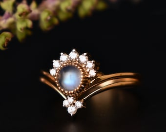 Round Moonstone with Diamond Half halo Engagement Ring and Chevron V Ring Bridal Set in 14K Solid Gold, Crown Engagement Ring Set