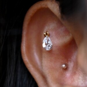 Floating Pear Natural Diamond Stud, 14k/18k Solid Gold Hidden Helix Piercing Jewelry Unique Ear Set Up image 2