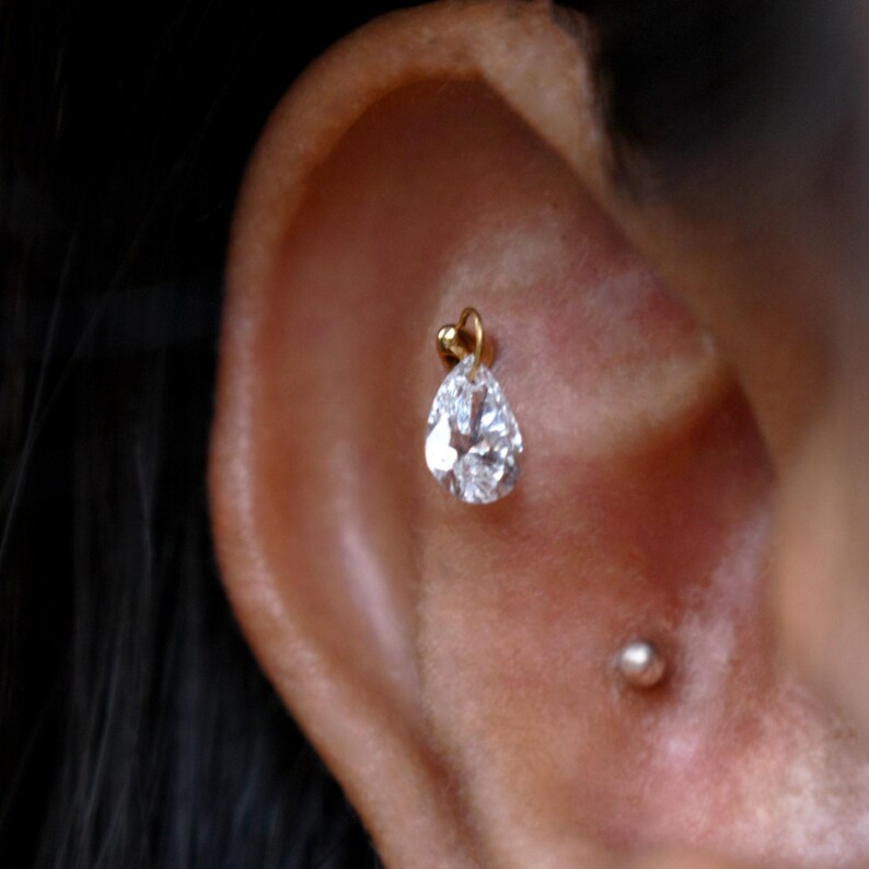 Floating Pear Natural Diamond Stud, 14k/18k Solid Gold Hidden Helix Piercing Jewelry Unique Ear Set Up image 2