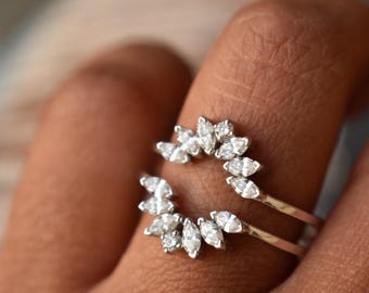 Natural Diamond Ring Enhancer for Oval Ring, 14k 18k Solid Gold Ring Wrap,Marquise & Round Diamond Sunburst Halo Ring,Anniversary Stack DDP