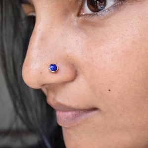 3mm 4mm Lapiz Lazuli Bezel Stud in 14K Solid Gold, 16g Threaded Flatback Nose Ear Cartilage Helix Tragus Piercing, December Birthstone