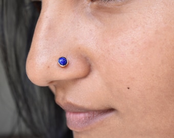 3mm 4mm Lapiz Lazuli Bezel Stud in 14K Solid Gold, 16g Threaded Flatback Nose Ear Cartilage Helix Tragus Piercing, December Birthstone