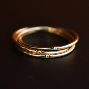 14k 18k Solid Gold Three Rolling Ring, 1mm Triple Interlocked Pave Diamond Ring, Fidget Band image 4