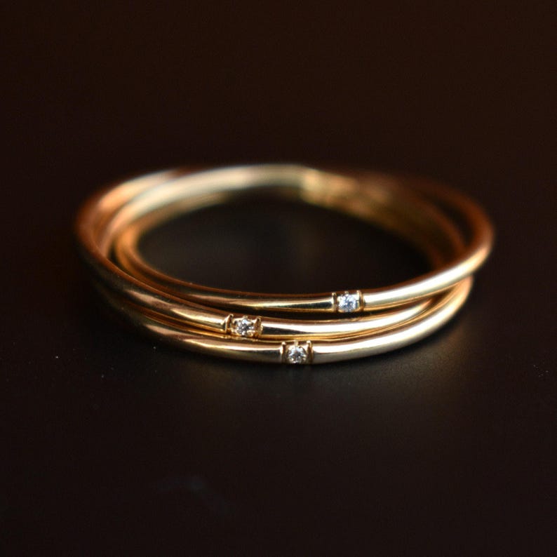 14k 18k Solid Gold Three Rolling Ring, 1mm Triple Interlocked Pave Diamond Ring, Fidget Band image 4