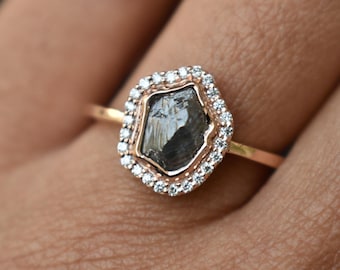 1 Carat Dark Grey Natural Diamond Ring,14K 18K Solid Gold Halo Diamond Ring,Rough Organic Diamond Ring,Unique Statement Engagement Ring DDP